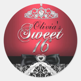 Redondo Adesivo Vermelho Damask & Laço Sweet Sixteen