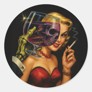 Redondo Adesivo Vintage Horror Noir – Femme Fatale Skeleto
