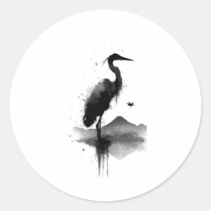Redondo Adesivo Zen do Grou Sumi-e Japonês