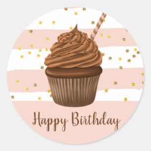 Redondo Bolo de Aniversário Listras Cupcake Adesivo Brilho