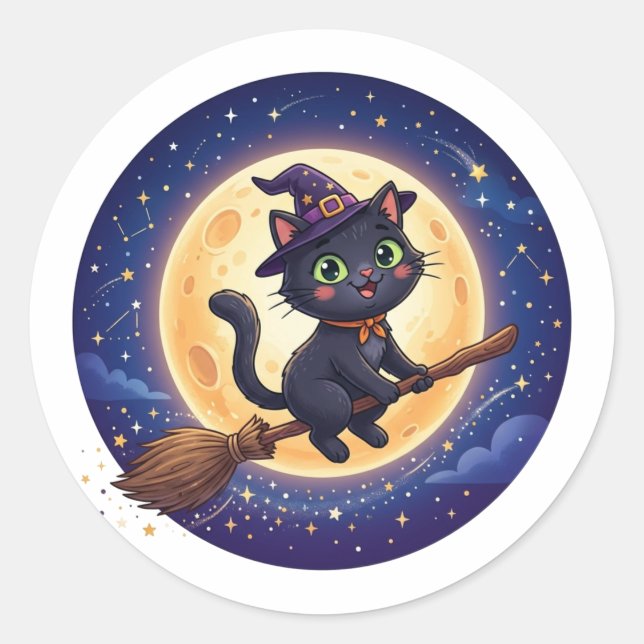 Redondo Bruxa Voadora Fofa Adesivo de Gato Preto Lua Hallo (Frente)