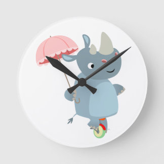 Redondo Cartoon Rhino com Guarda-chuva no Relógio de Pared