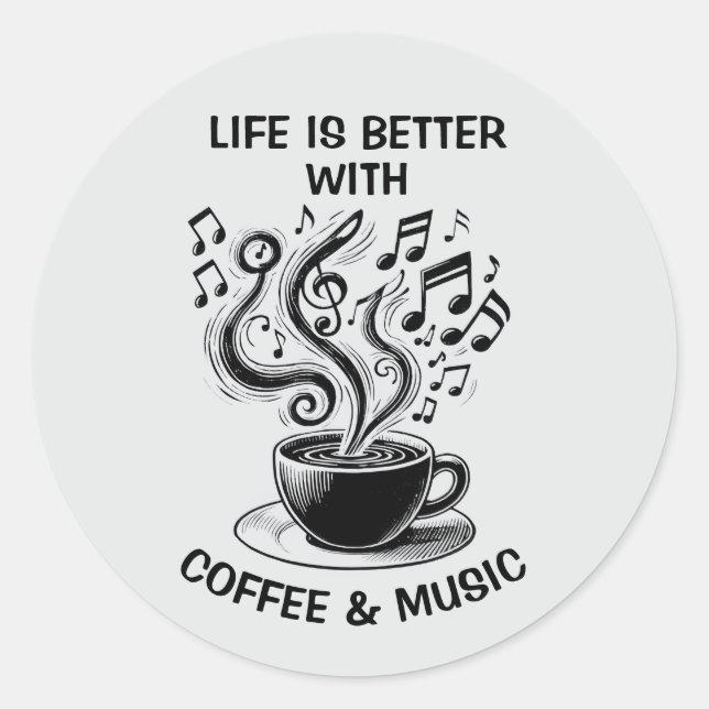 Redondo Conjunto de Café e Adesivo de Música (Frente)