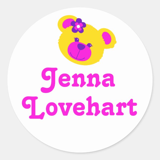 Redondo Crianças nomeadas de ursinho branco rosa adesivo (Frente)