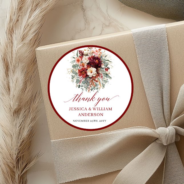 Redondo Design de Adesivo de Casamento Clássico Vermelho E (Classic Deep Red Autumn Wedding Sticker Design

)