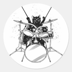 Redondo Drummer Gato Tocando Drumôs Colando Adesivo Redond