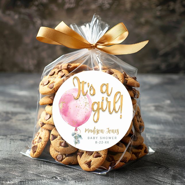 Redondo É um adesivo de Chá de fraldas de Balão Rosa (Its a girl baby shower favor sticker)