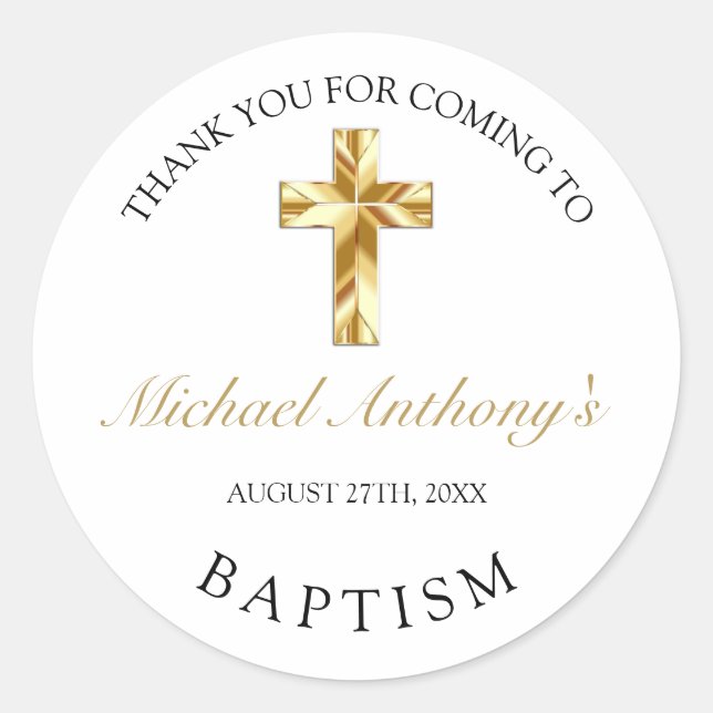 Redondo Elegante Adesivo de Agradecimento de Batismo em Ou (Frente)