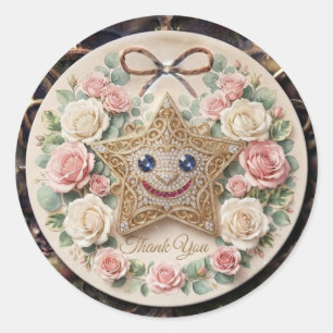 Redondo Estrela Sorridente Fofa com Rosas ao Redor Adesivo