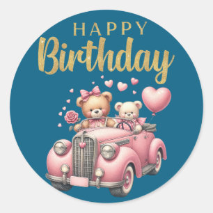 Redondo Feliz Aniversário Adesivo de Carro e Ursos Rosa