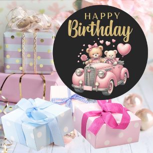 Redondo Feliz Aniversário Adesivo de Carro Rosa e Ursos