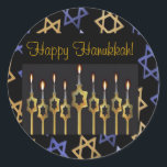 Redondo Feliz Hanukkah! Modelo do adesivo grande personali<br><div class="desc">Feliz Hanukkah! Personalize este belo adesivo personalizado disponível em dois tamanhos. Adicione impacto gráfico ao seu cartão de saudação, cartão de Chanucá ou para um convite de festas de férias. Adicione suas próprias mensagens personalizadas. Preencha um conjunto elegante coordenado: em nossa loja zazzle.com/celebrationsevents* veja Convites, Anúncios, Cartões de Saudação, PostCards,...</div>