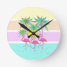 Flamingos cor-de-rosa com palmeiras, relógio redon