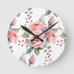 Redondo Flores Rosa-Chic Flores Relógio Floral