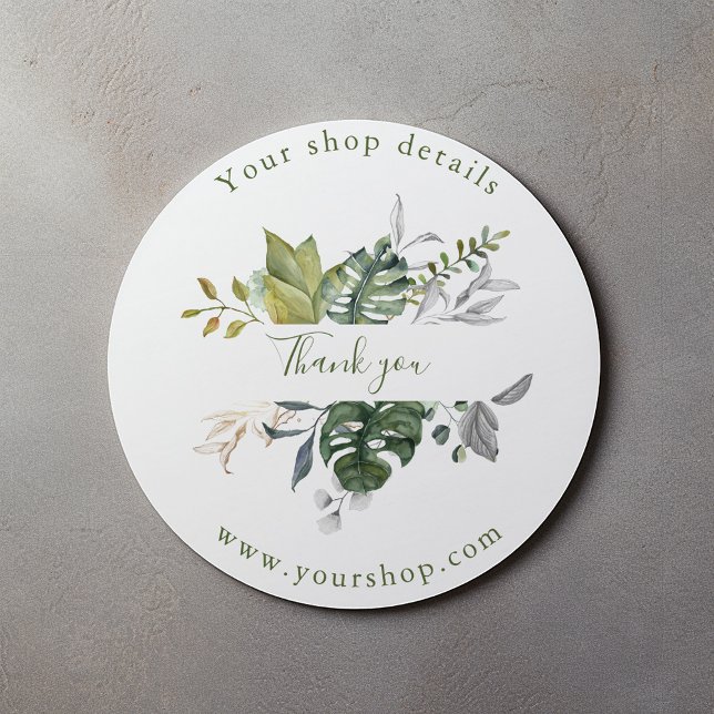 Redondo Folhas verdes bonito, compre obrigado seu adesivo (Round leafy sticker saying "Thank you" with your business details and web site address.)
