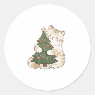 Redondo Gato Abraçando Pequena Árvore de Natal Adesivo