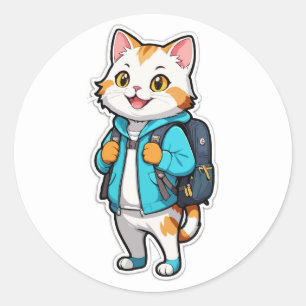 Redondo Gato bonito com adesivo da mochila - Voltar à esco