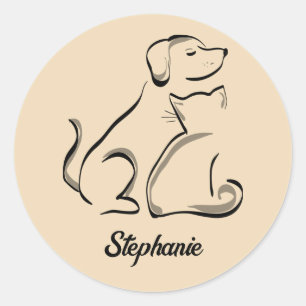 Redondo Gato e cão com adesivo de nome personalizado