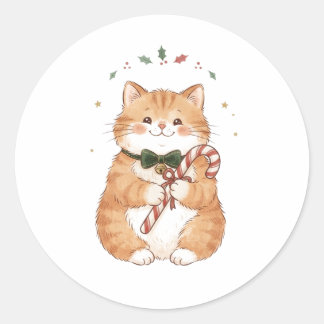 Redondo Gato Fofo com Adesivo de Natal de Cana de Açúcar