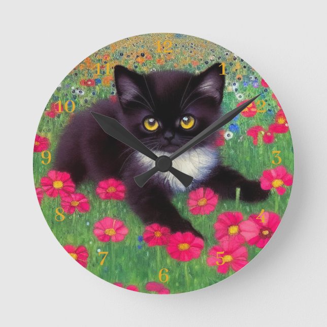 Redondo Gato Gustav Klimt Tuxedo com Números de Relógio Do (Frente)