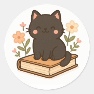 Redondo Gato Preto Kawaii no Livro – Adesivo Aconchegante