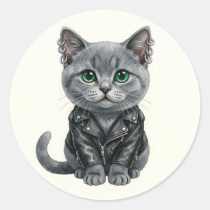 Redondo Gato Punk Azul Britânico em Adesivo de Jaqueta de