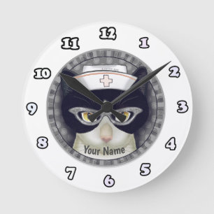Redondo Gato Tuxedo Enfermeira relógio