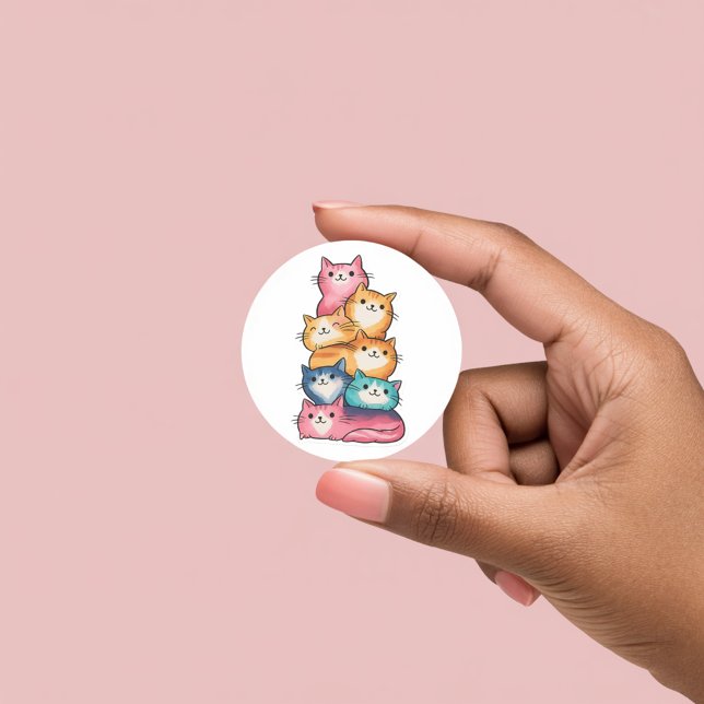 Redondo Gatos Empilhados Arte Aquarela Adesivo Fofo (Criador carregado)
