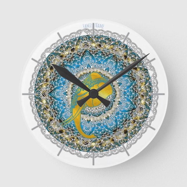 Redondo Henna Elephant Mandala Ganesha Relógio da Mindícia (Frente)