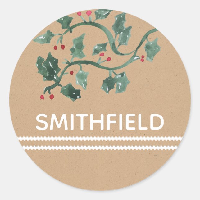 Redondo Holly Berries Adicionar Nome Adesivo Personalizado (Frente)