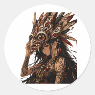 REDONDO MÁSCARA DE MULHER DAYAK HUDOQ ARTE TRIBAL ADESIVO