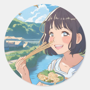 Redondo Menina animadora comendo adesivo de ramen