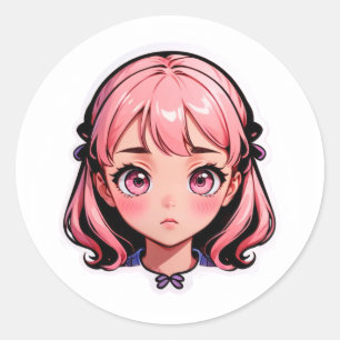 Redondo Menina Anime Adesivo - Cabelo Rosa Estilo Chibi