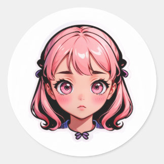 Redondo Menina Anime Adesivo - Cabelo Rosa Estilo Chibi