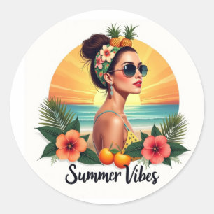 Redondo Menina Boho Verão Adesivo Pôr do Sol Retro