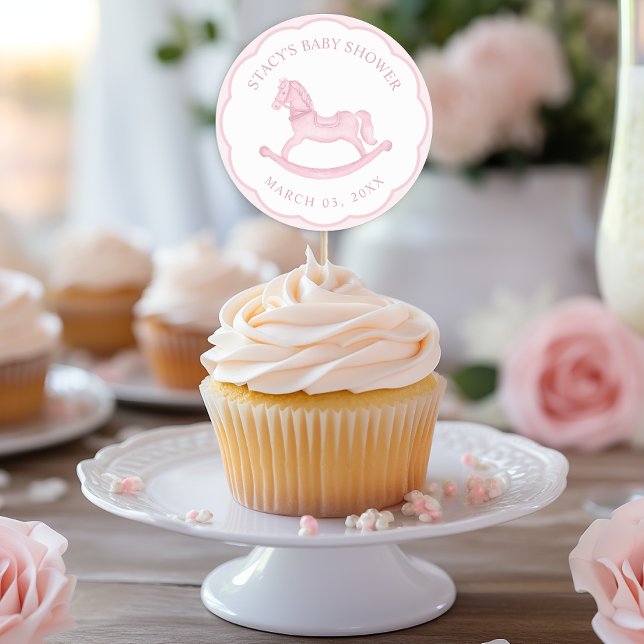 Redondo Menina de Cavalo de Pau Rosa Adesivo de Favor de C (Baby Shower Favor Sticker)