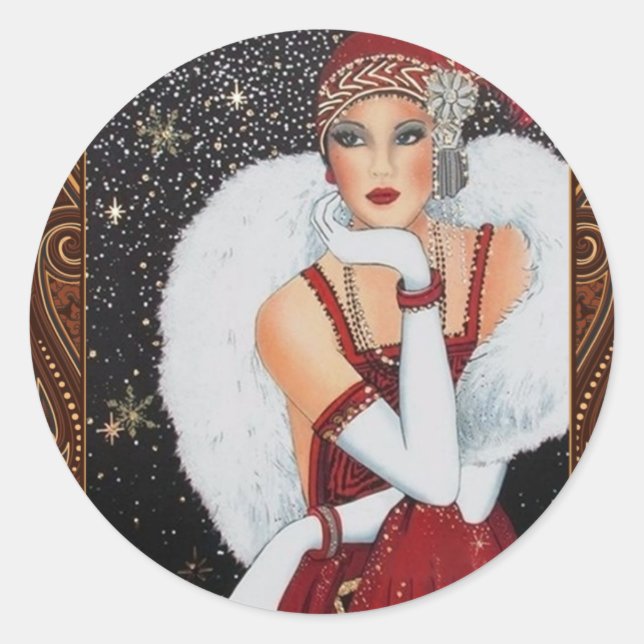 Redondo Menina Flapper Art Déco Adesivo (Frente)
