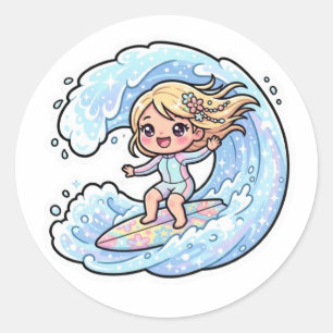 Redondo Menina Surfista Fofa Kawaii Adesivo de Onda do Oce
