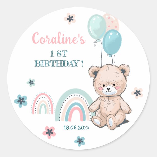Redondo O primeiro adesivo de aniversário com ursinho de p (Frente)