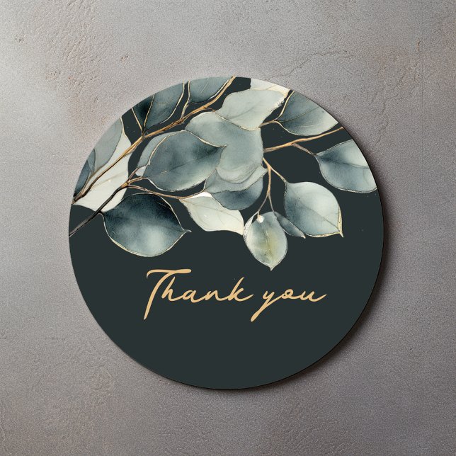 Redondo Obrigado verde Eucalyptus bonito, seu adesivo (Dark green Eucalyptus pretty thank you round sticker with gold script that says "Thank you")