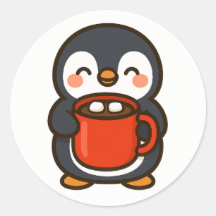 Redondo Pinguim Com Cacau Quente – Adesivo De Animal Fofo