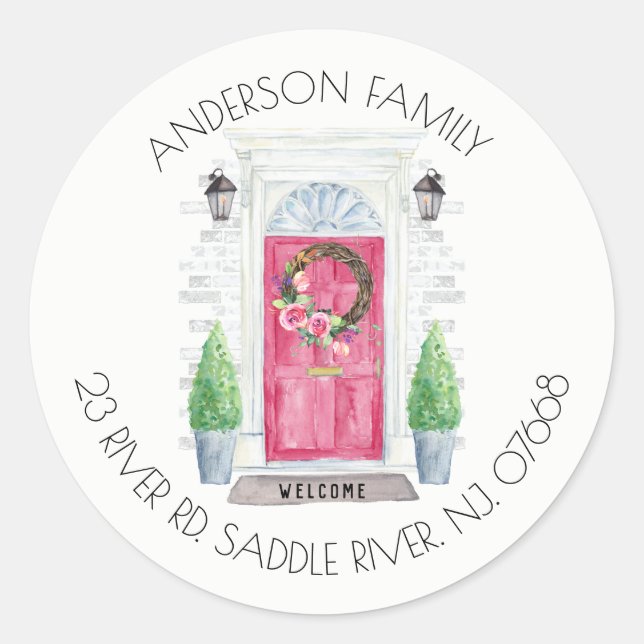 Redondo Porta Vermelha | Novo adesivo do rótulo do endereç (Frente)