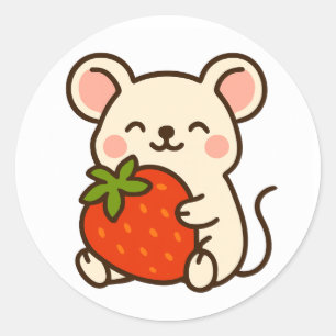 Redondo Rato Com Morango – Adesivo Fofo de Animal Kawaii