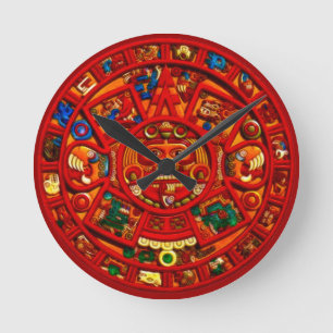 Redondo Red Mayan Sun Disk Aztec Histórico Relógio