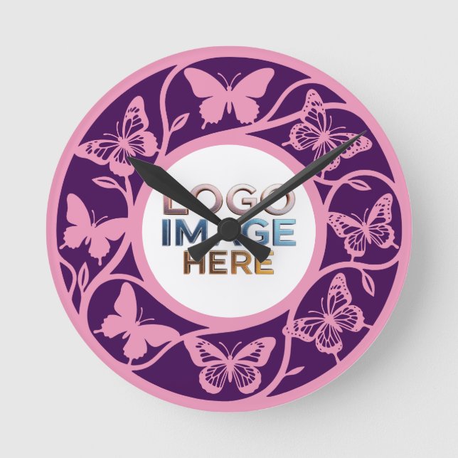 Redondo Relógio Borboleta Rosa e Roxo Personalizado (Frente)