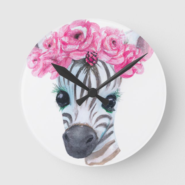 Redondo Relógio de Berçário Zebra com Coroa de Flor Rosa (Frente)