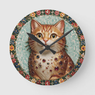 Redondo Relógio de Bolso Floral Mosaico de Gato Laranja Fe