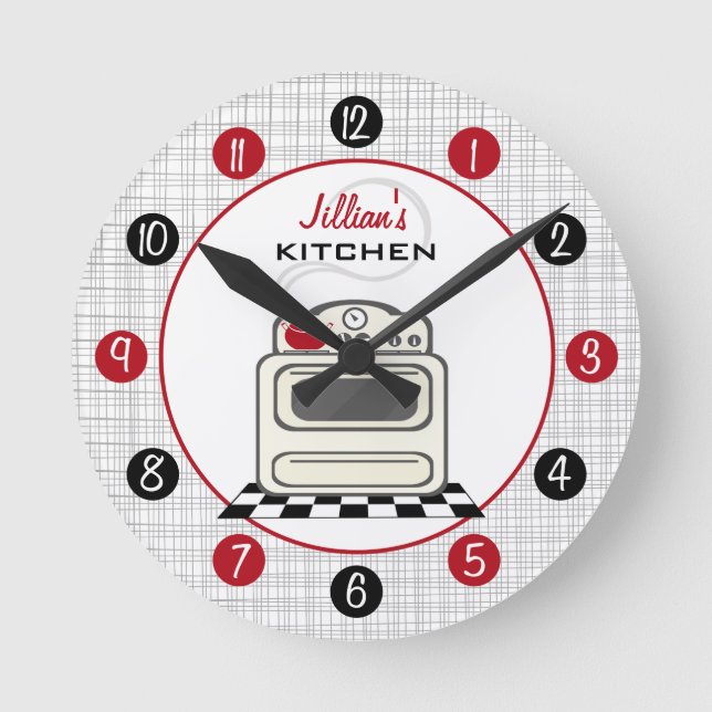 Redondo Relógio de Cozinha Vermelha e Preta com Retro (Frente)