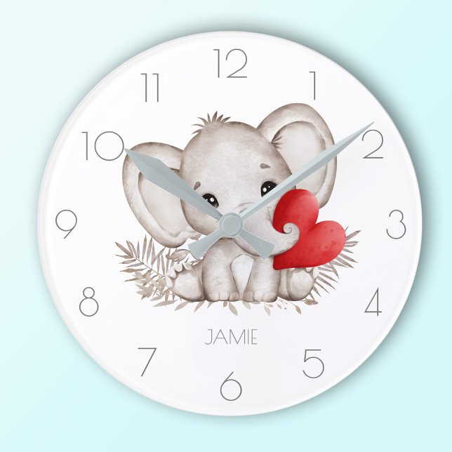 Redondo Relógio de elefante fofo com nome personalizado (Personalized name cute elephant round clock)