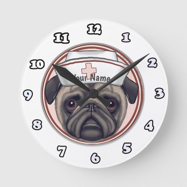 Redondo Relógio de Enfermeira Pug (Frente)